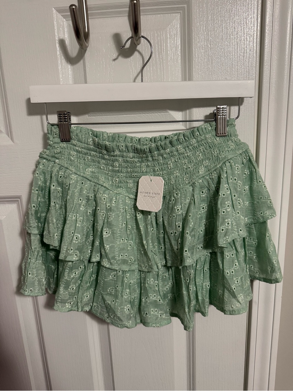Altar'd State Mint Eyelet Ruffle Mini Skirt